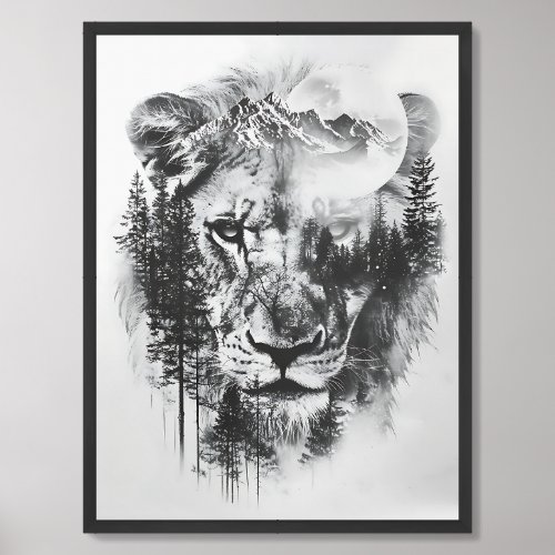 Chic double exposure lion mountains and moon framed art