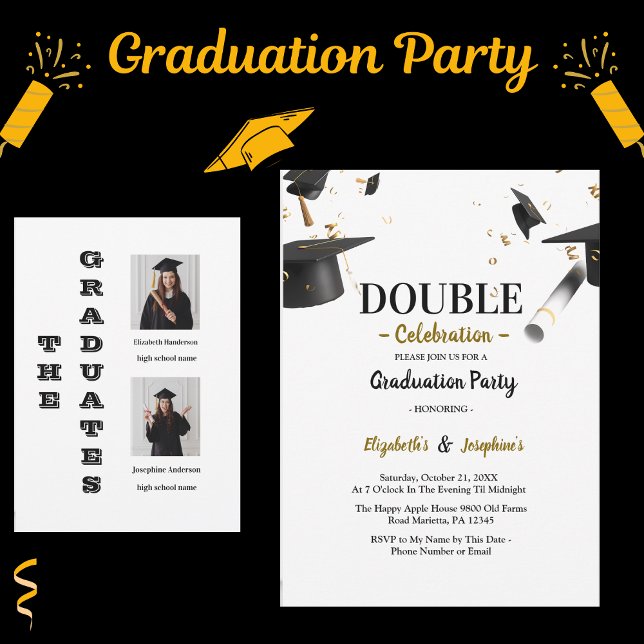 Chic Double Graduation Two Photo Graduates Invitation (Creator Uploaded)