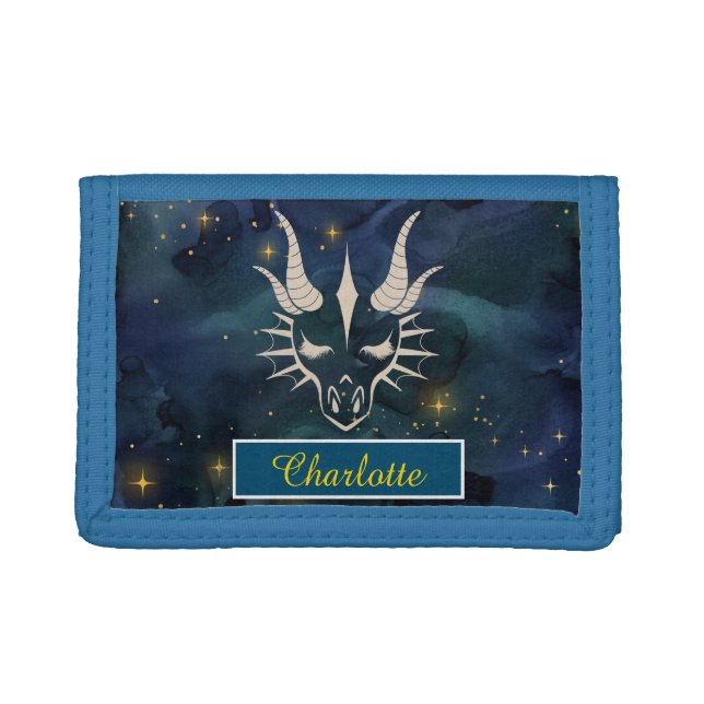 Chic Dragon Beige Head & Dark Blue Universe Trifold Wallet (Front)