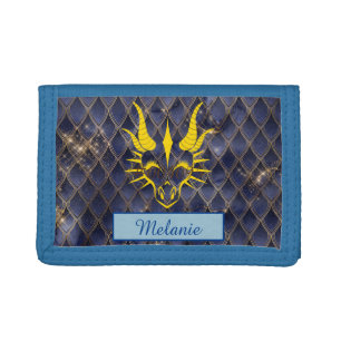 Chic Dragon Gold Head & Blue Dragon Scales Trifold Wallet