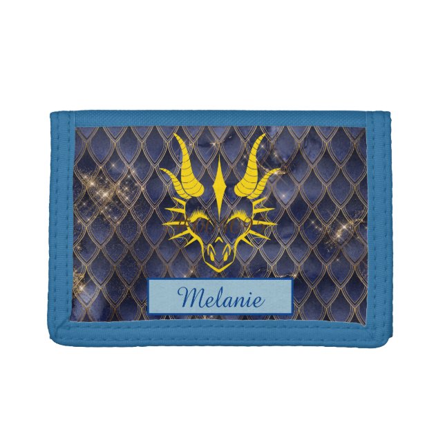 Chic Dragon Gold Head & Blue Dragon Scales  Trifold Wallet (Front)