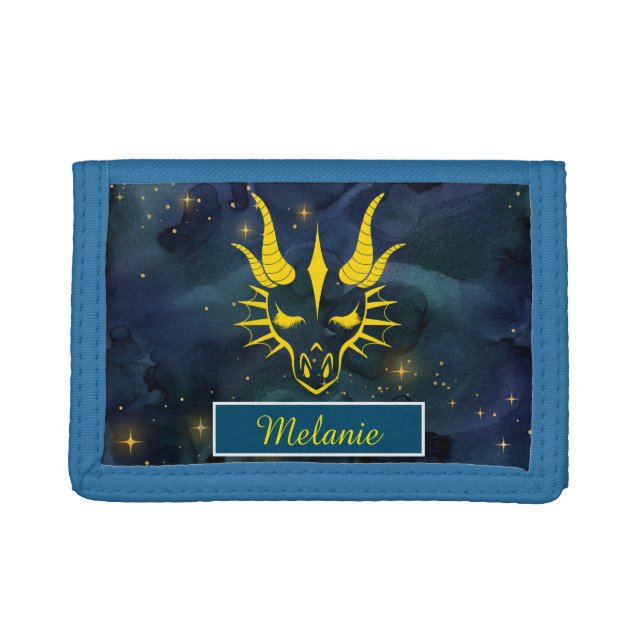 Chic Dragon Gold Head & Dark Blue Universe Trifold Wallet (Front)