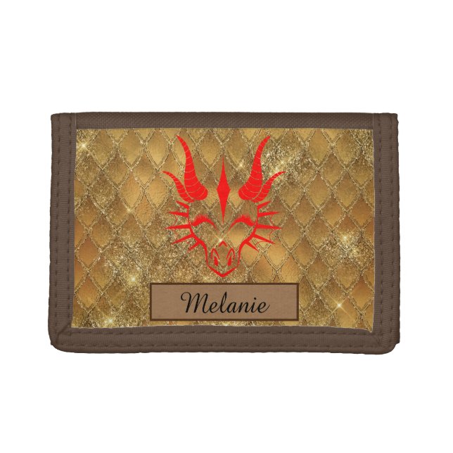 Chic Dragon Red Head & Brown Dragon Scales Trifold Wallet (Front)