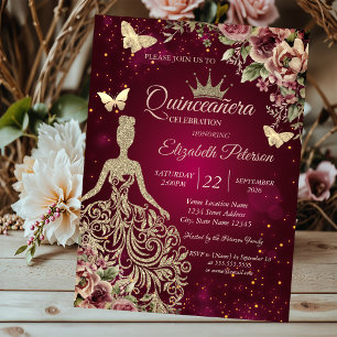Chic Dress,Butterfly Floral Red Quinceañera Invitation