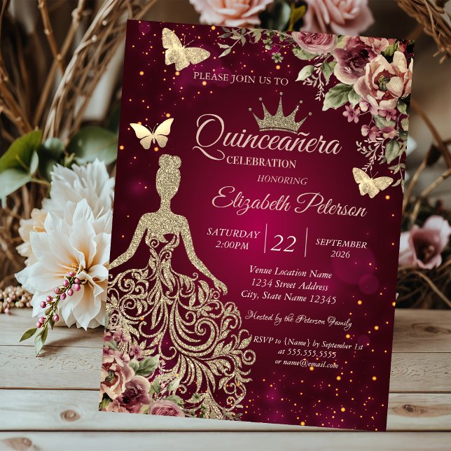 Chic Dress,Butterfly Floral Red Quinceañera Invitation (Creator Uploaded)