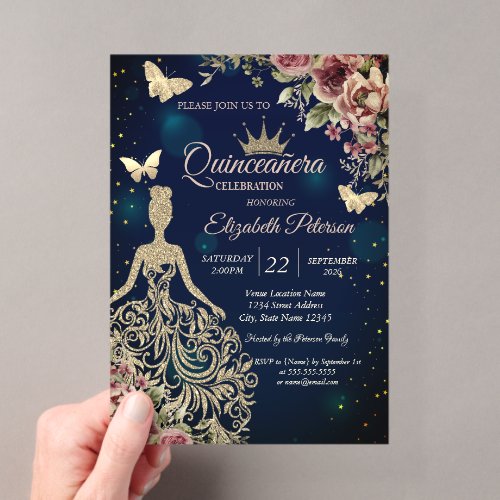 Chic Dress,Butterfly Floral Stars Blue Quinceañera Acrylic Invitations