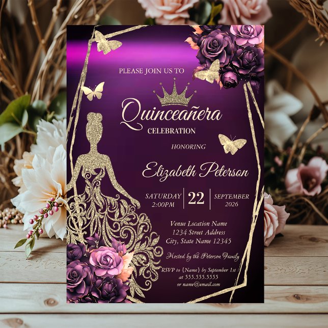 Chic Dress,Butterfly Violet Roses Quinceañera Invitation (Creator Uploaded)
