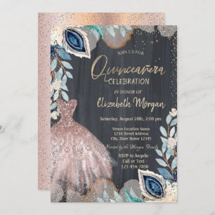 Chic Dress,Flowers, Rose Gold Quinceanera Invitation