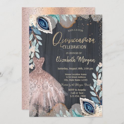 Chic DressFlowers Rose Gold Quinceanera Invitation