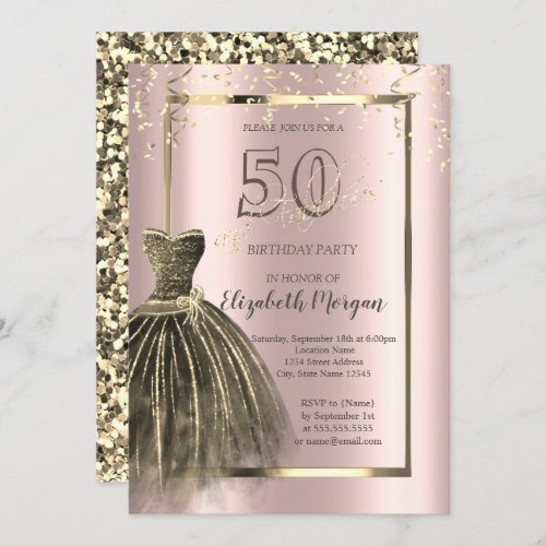 Chic Dress Gold Sequins Rose Gold 50th Birthday  Invitation