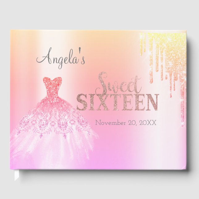 Chic Dress Ombre Glitter Drips Sweet 16  Guest Book (Front)