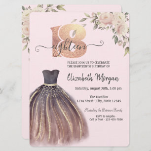 Chic Dress Pink Flowers 18th Birthday Invitation