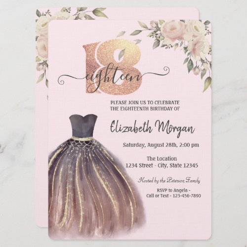  Chic Dress Pink Flowers 18th Birthday  Invitation