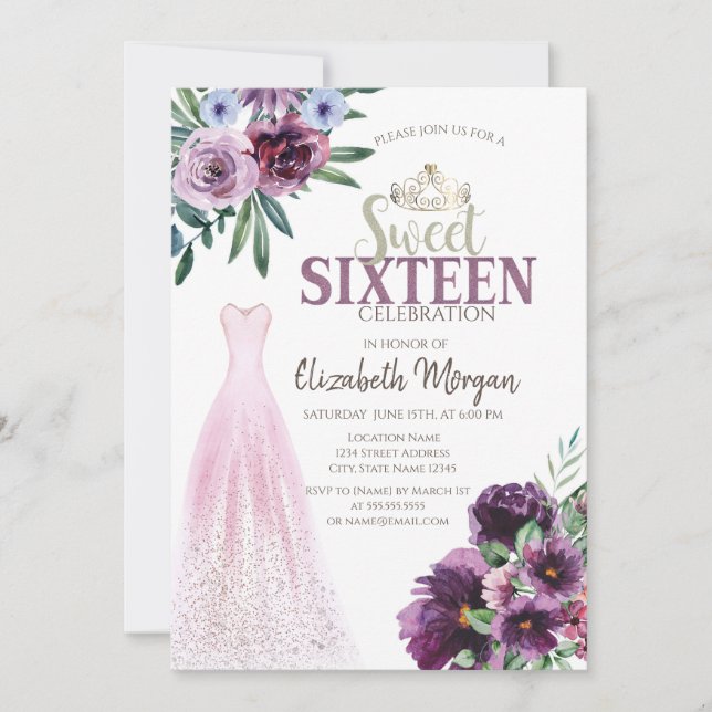 Chic Dress,Purple Flowers Sweet 16 Invitation (Front)