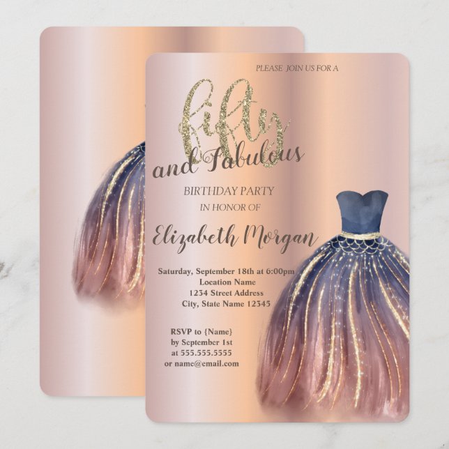 Chic Dress, Rose Gold 50th Birthday Party  Invitation (Front/Back)