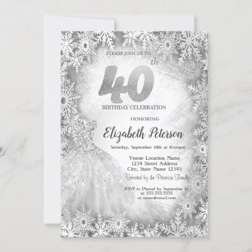 Chic Dress Snowflakes Winter 40th Birthday Invitation