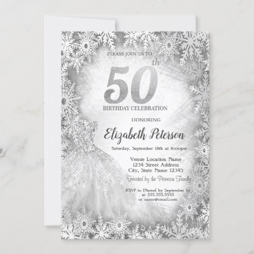 Chic Dress Snowflakes Winter 50th Birthday Invitation