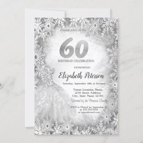 Chic Dress Snowflakes Winter 60th Birthday Invitation