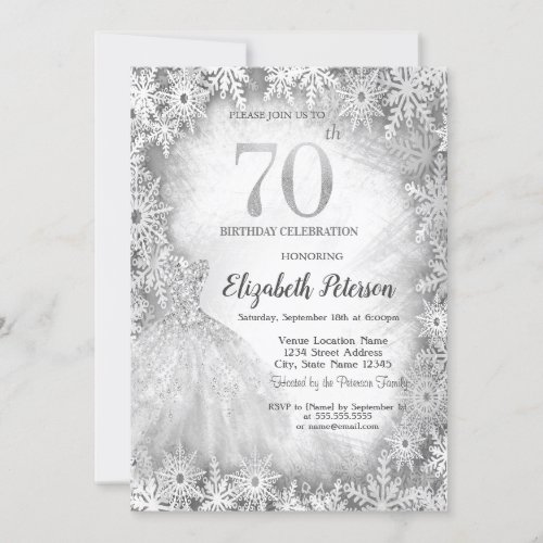 Chic Dress Snowflakes Winter 70th Birthday Invitation