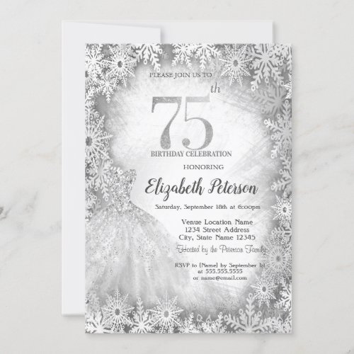 Chic Dress Snowflakes Winter 75th Birthday Invitation