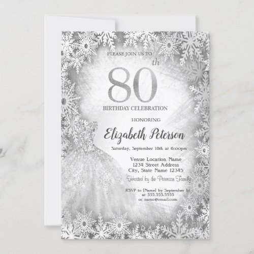 Chic Dress Snowflakes Winter 80th Birthday Invitation