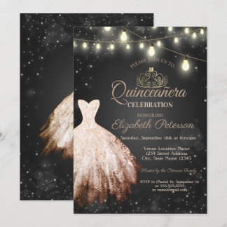 Chic Dress,Tiara String Lights Dark Quinceañera  Invitation