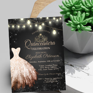 Chic Dress,Tiara String Lights Dark Quinceañera Invitation
