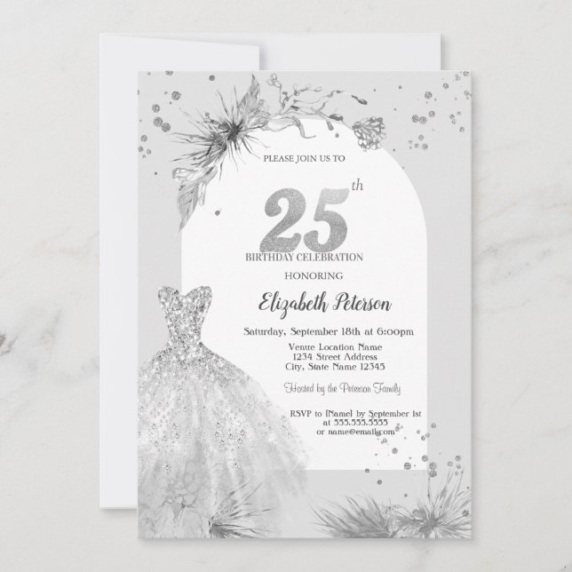 Chic Dress Winter Gray 25th Birthday  Invitation (Front)