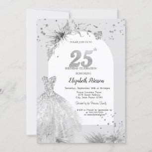 Chic Dress Winter Gray 25th Birthday Invitation