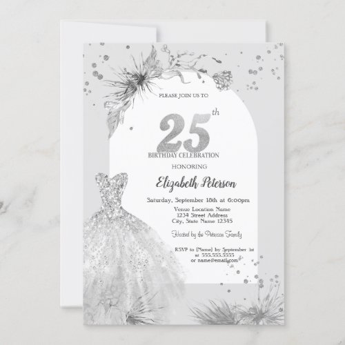 Chic Dress Winter Gray 25th Birthday  Invitation