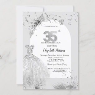 Chic Dress Winter Gray 35th Birthday Invitation