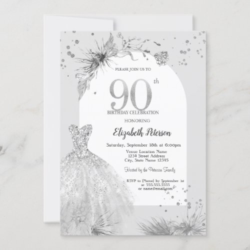 Chic Dress Winter Gray 90th Birthday Invitation