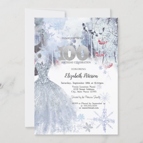 Chic Dress Winter Landscape 100th Birthday  Invitation