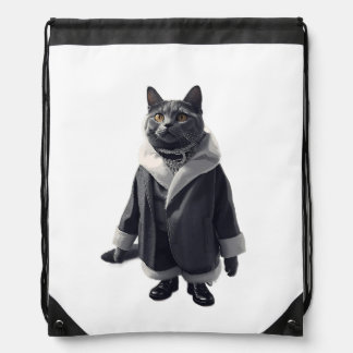 Chic Dressed Grey Cat Fashion Illustration Drawstring Bag