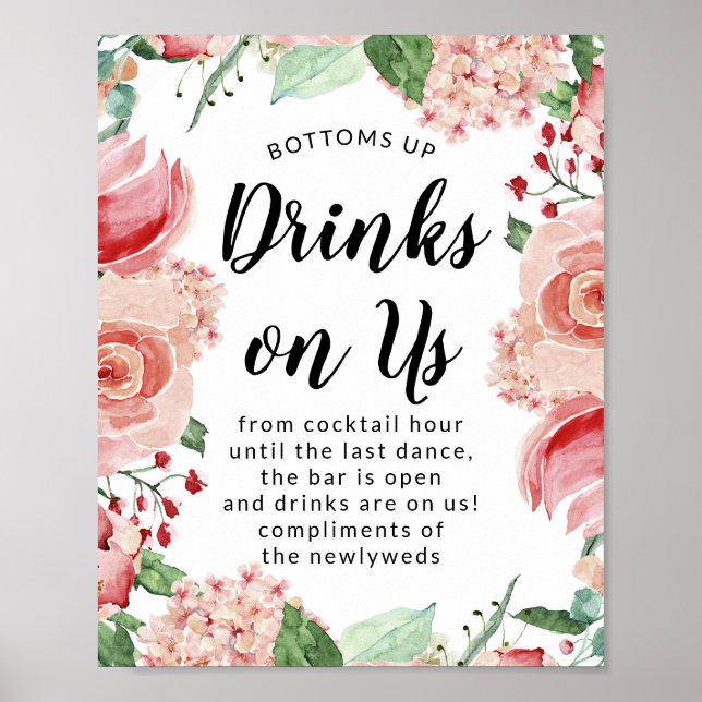 Chic Drinks on Us Open Bar Wedding Reception Sign (Front)