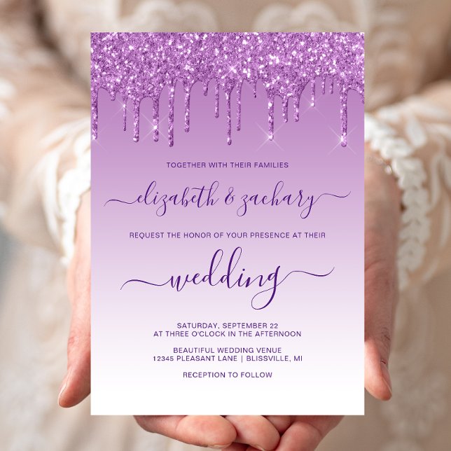 Chic Dripping Glitter Purple Wedding Invitation (Creator Uploaded)