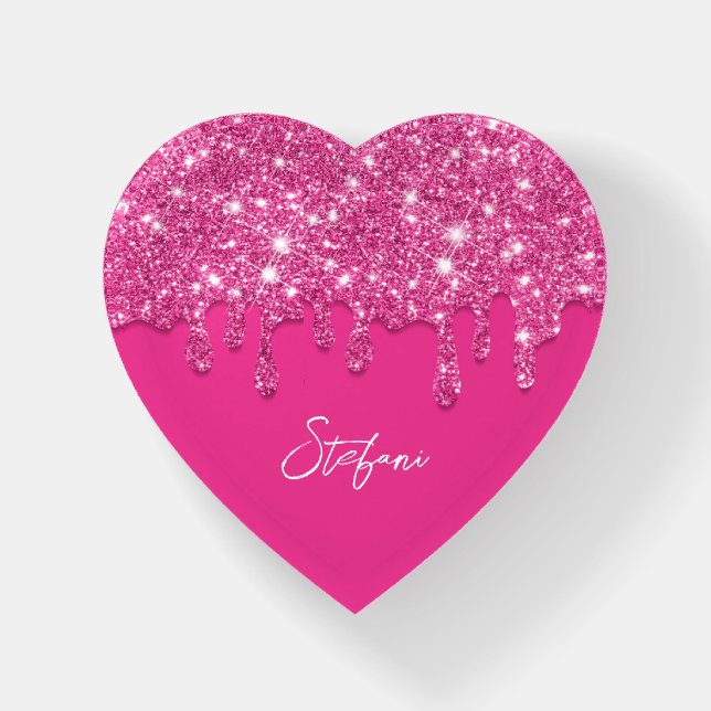 Chic Dripping Hot Pink Glitter Glam Name Paperweight (Front)