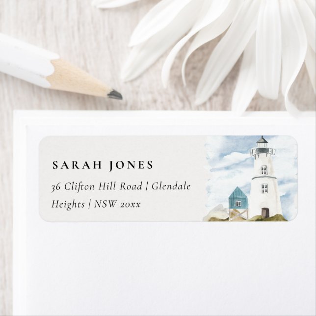 Chic Dusky Aqua Blue Lighthouse Mountain Address Label (Insitu)