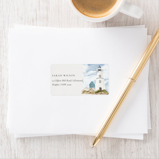Chic Dusky Aqua Blue Lighthouse Mountain Address Label (Insitu)