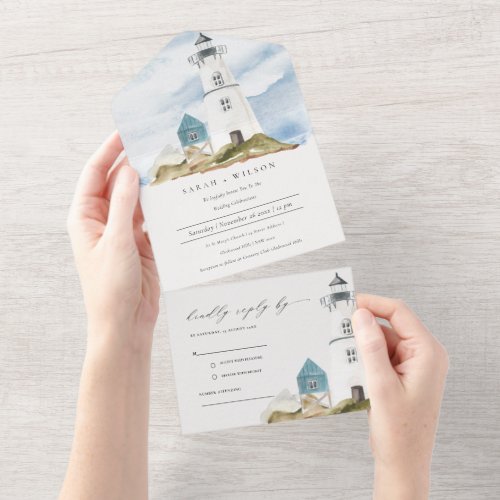 Chic Dusky Aqua Blue Lighthouse Mountain Wedding