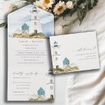 Chic Dusky Aqua Blue Lighthouse Mountain Wedding All In One Invitation<br><div class="desc">For any further customisation or any other matching items,  please feel free to contact me at yellowfebstudio@gmail.com</div>