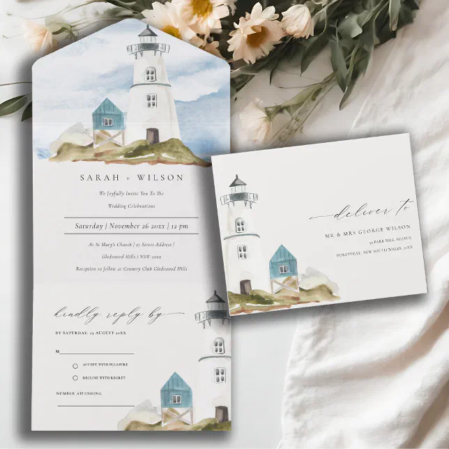 Chic Dusky Aqua Blue Lighthouse Mountain Wedding All In One Invitation ...