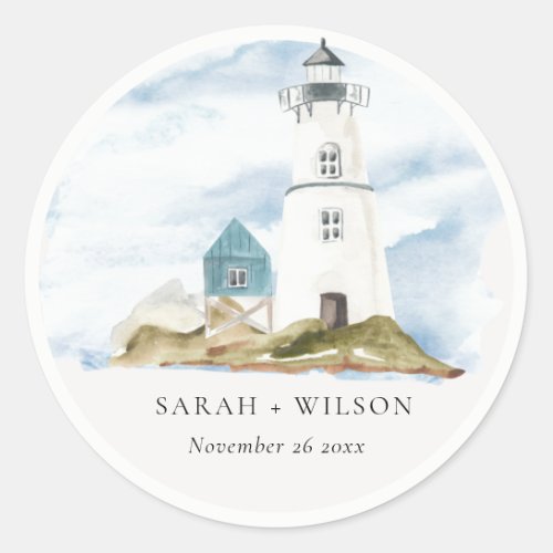 Chic Dusky Aqua Blue Lighthouse Mountain Wedding Classic Round Sticker