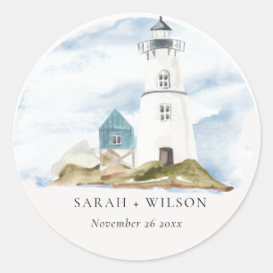 Chic Dusky Aqua Blue Lighthouse Mountain Wedding Classic Round Sticker