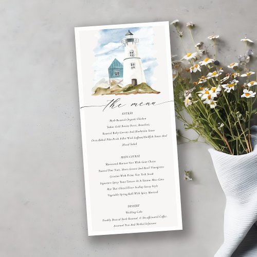 Chic Dusky Aqua Blue Lighthouse Mountain Wedding Menu