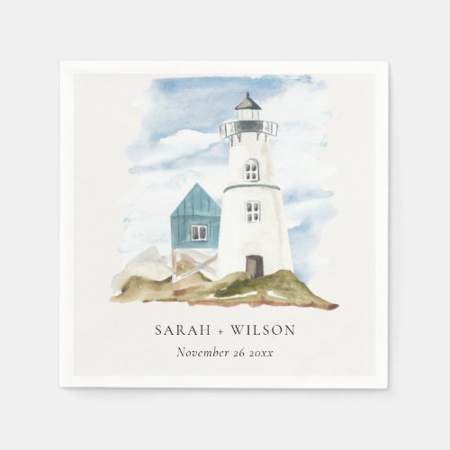 Chic Dusky Aqua Blue Lighthouse Mountain Wedding Napkins