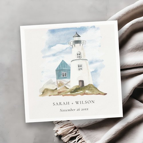 Chic Dusky Aqua Blue Lighthouse Mountain Wedding Napkins