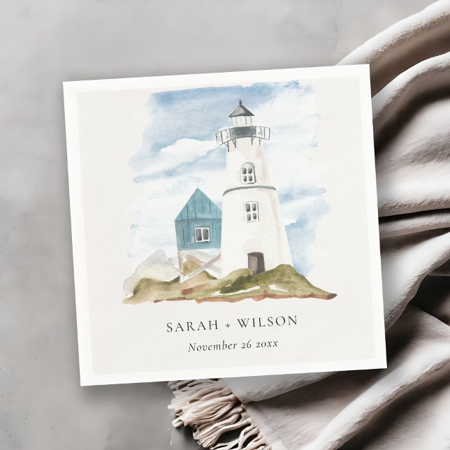 Chic Dusky Aqua Blue Lighthouse Mountain Wedding Napkins (Creator Uploaded)