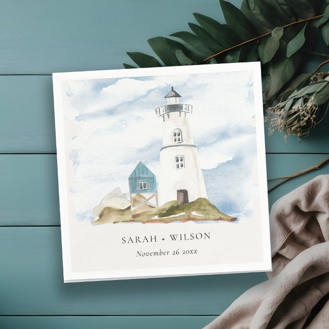 Chic Dusky Aqua Blue Lighthouse Mountain Wedding Napkins (Creator Uploaded)