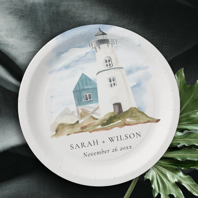 Chic Dusky Aqua Blue Lighthouse Mountain Wedding Paper Plates (Creator Uploaded)